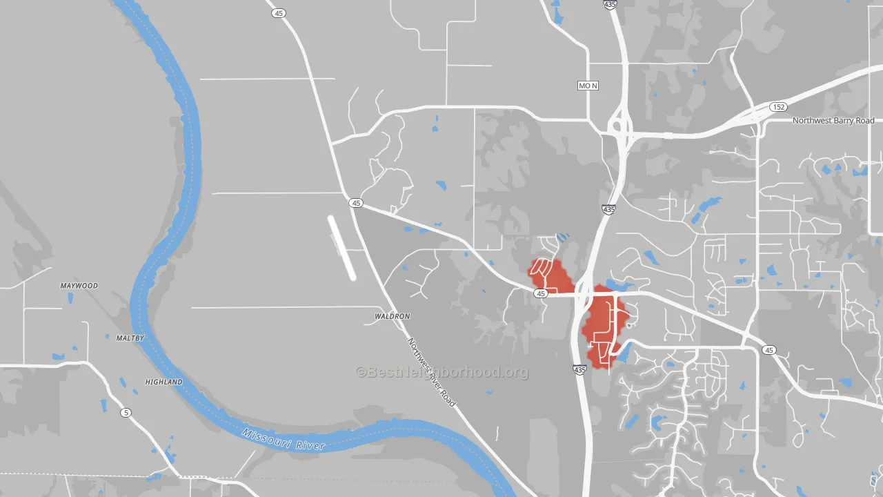 Walk Grade map of Waldron, MO, walkable areas in green and car-dependent areas in red