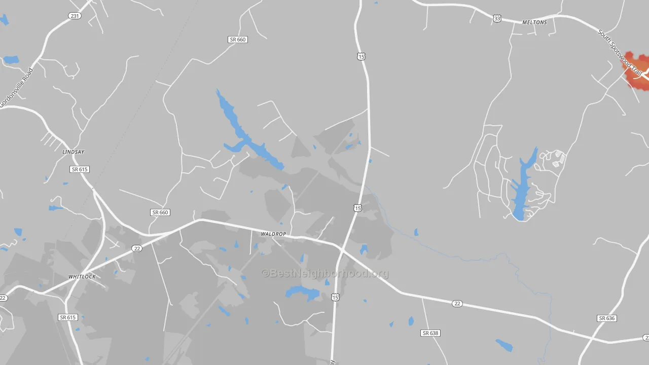 Walk Grade map of Waldrop, VA, walkable areas in green and car-dependent areas in red