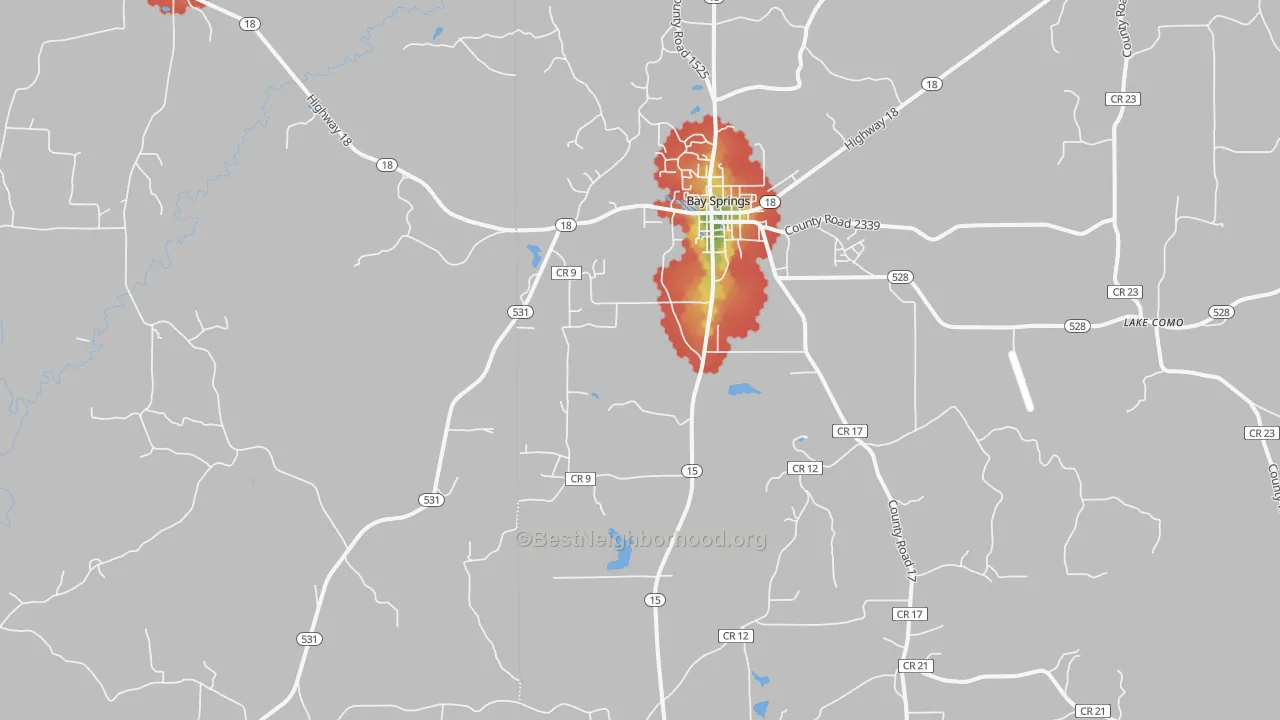 Walk Grade map of Waldrup, MS, walkable areas in green and car-dependent areas in red