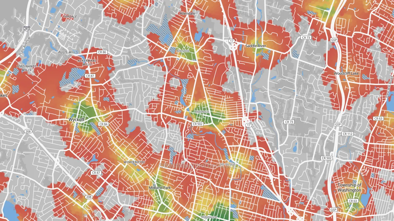 Walk Grade map of Waldwick, NJ, walkable areas in green and car-dependent areas in red
