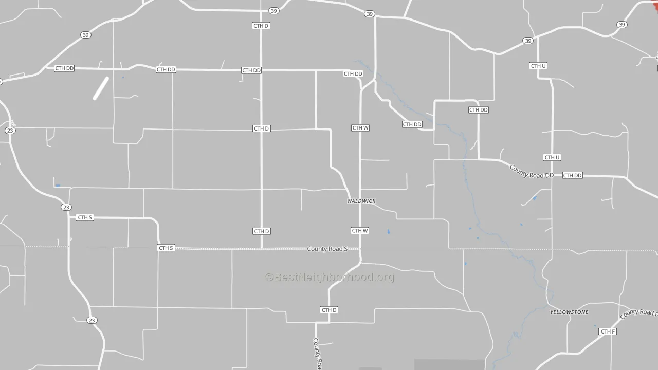 Walk Grade map of Waldwick, WI, walkable areas in green and car-dependent areas in red