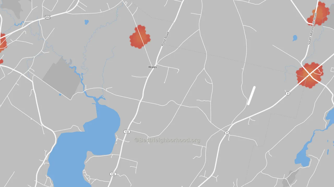 Walk Grade map of Wales Corner, ME, walkable areas in green and car-dependent areas in red