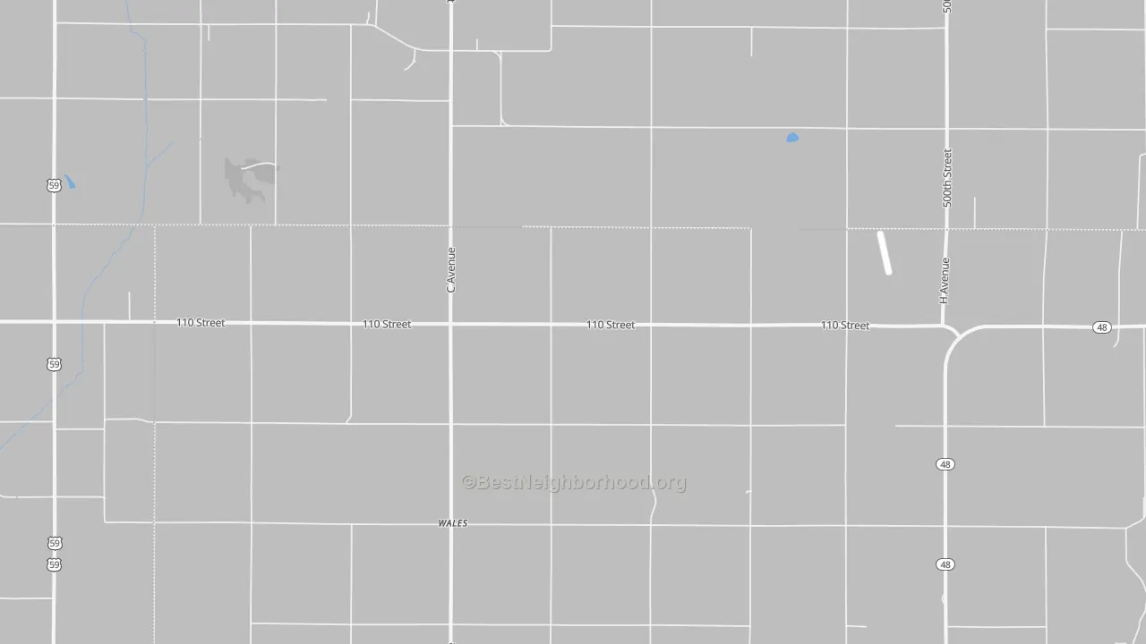 Walk Grade map of Wales, IA, walkable areas in green and car-dependent areas in red