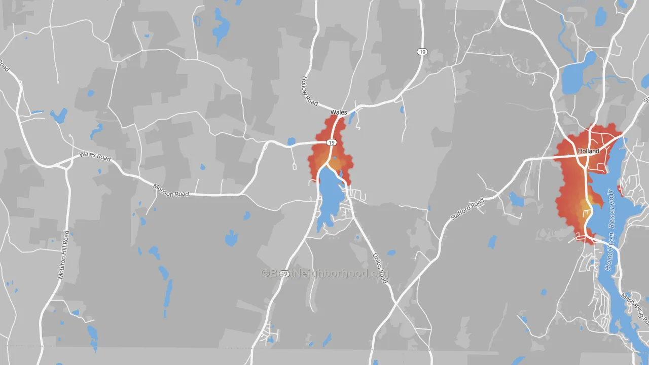 Walk Grade map of Wales, MA, walkable areas in green and car-dependent areas in red