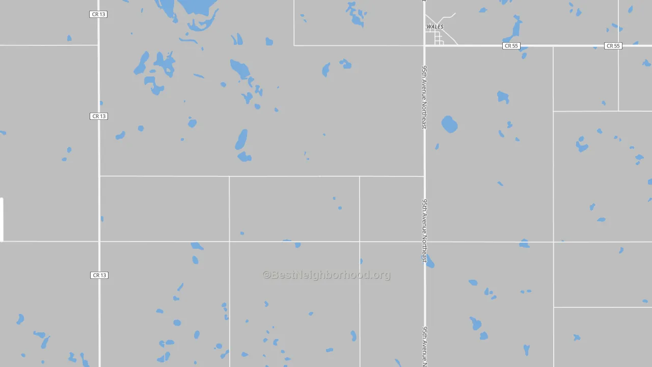 Walk Grade map of Wales, ND, walkable areas in green and car-dependent areas in red