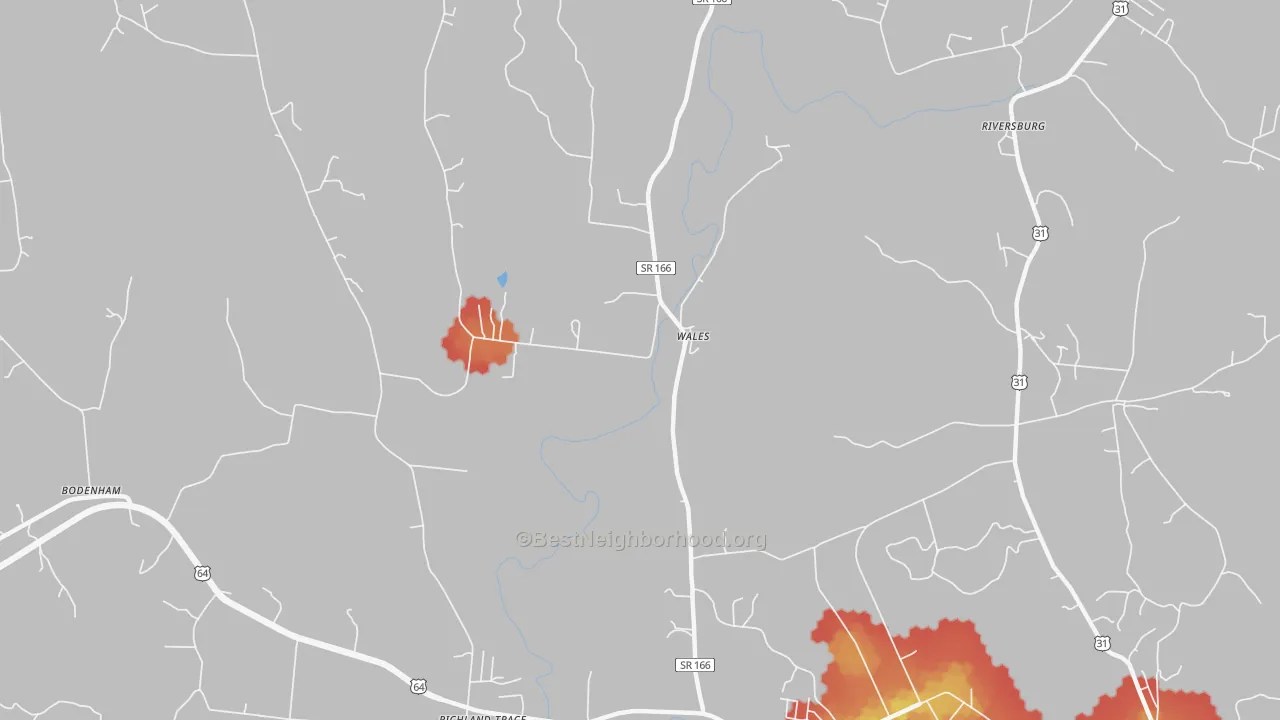 Walk Grade map of Wales, TN, walkable areas in green and car-dependent areas in red