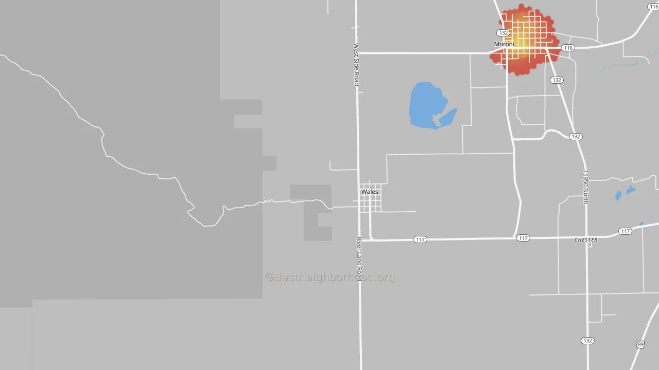 Walk Grade map of Wales, UT, walkable areas in green and car-dependent areas in red