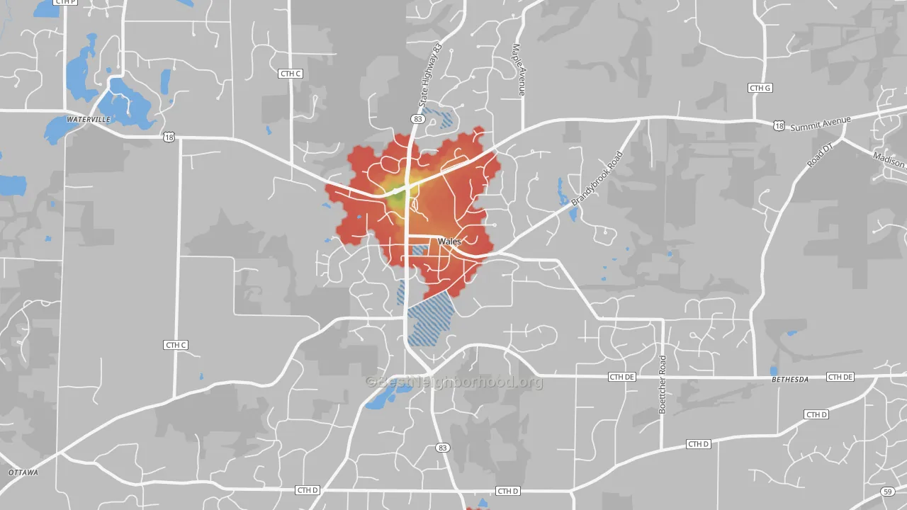 Walk Grade map of Wales, WI, walkable areas in green and car-dependent areas in red