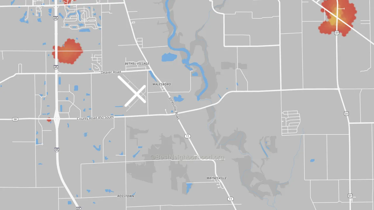 Walk Grade map of Walesboro, IN, walkable areas in green and car-dependent areas in red