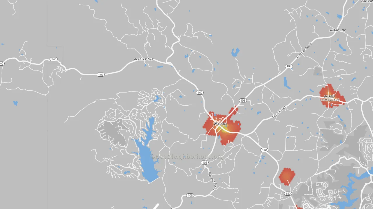 Walk Grade map of Waleska, GA, walkable areas in green and car-dependent areas in red
