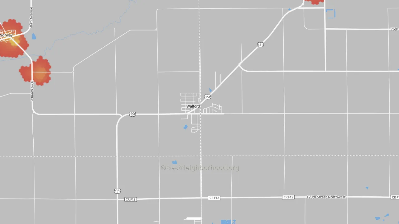 Walk Grade map of Walford, IA, walkable areas in green and car-dependent areas in red