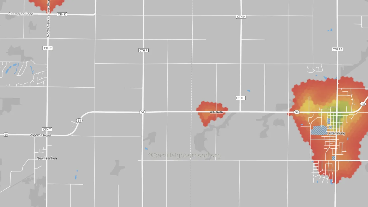 Walk Grade map of Walhain, WI, walkable areas in green and car-dependent areas in red