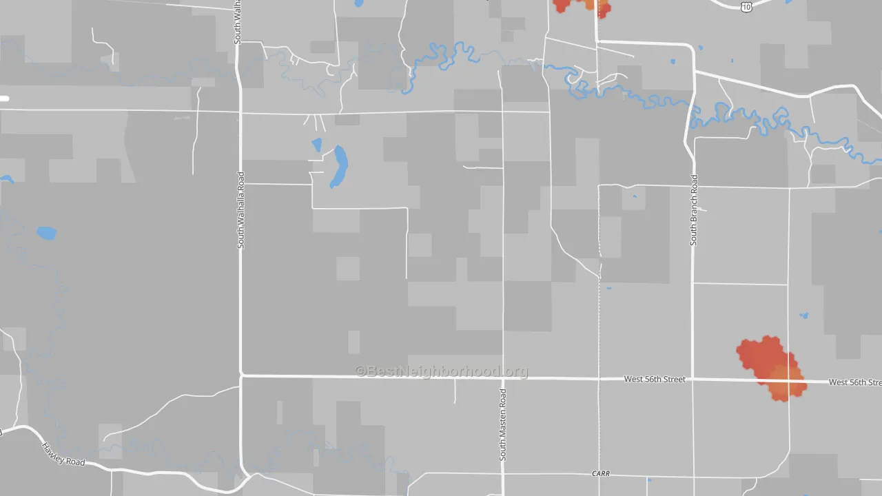 Walk Grade map of Walhalla, MI, walkable areas in green and car-dependent areas in red