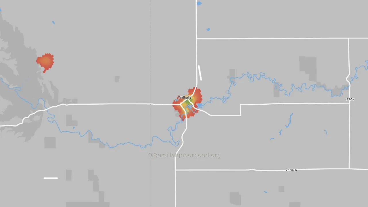 Walk Grade map of Walhalla, ND, walkable areas in green and car-dependent areas in red