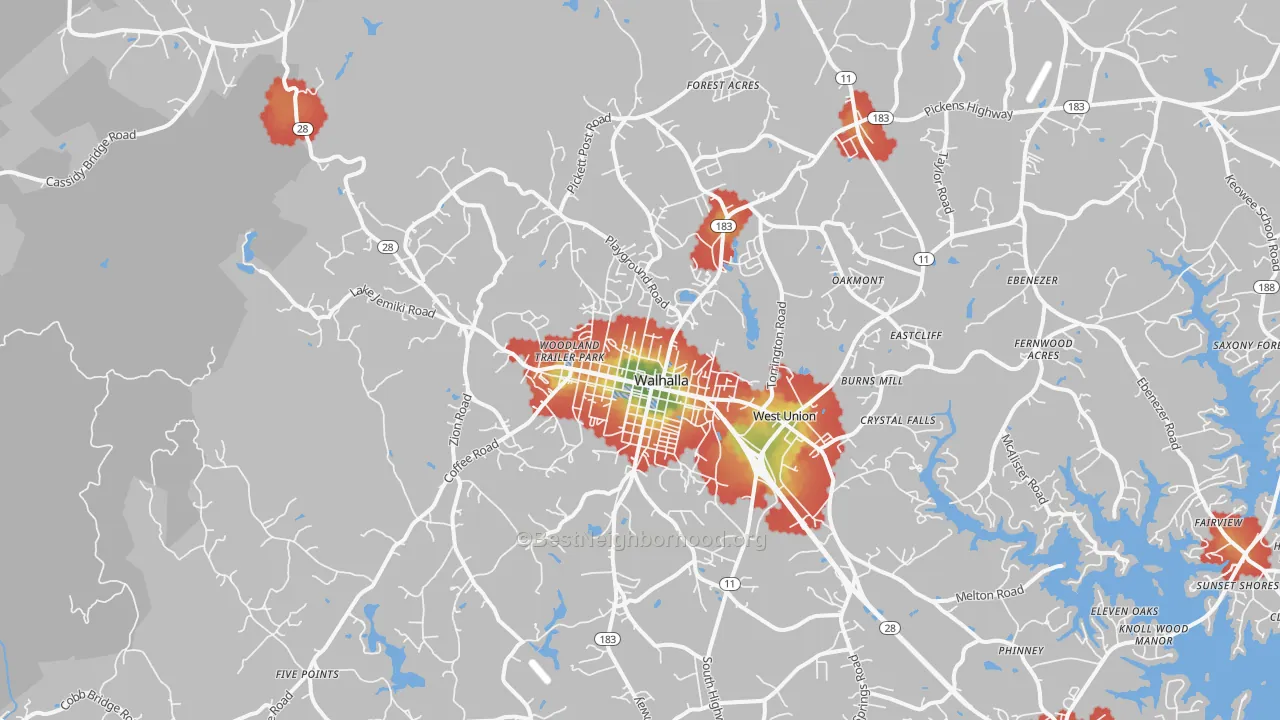 Walk Grade map of Walhalla, SC, walkable areas in green and car-dependent areas in red