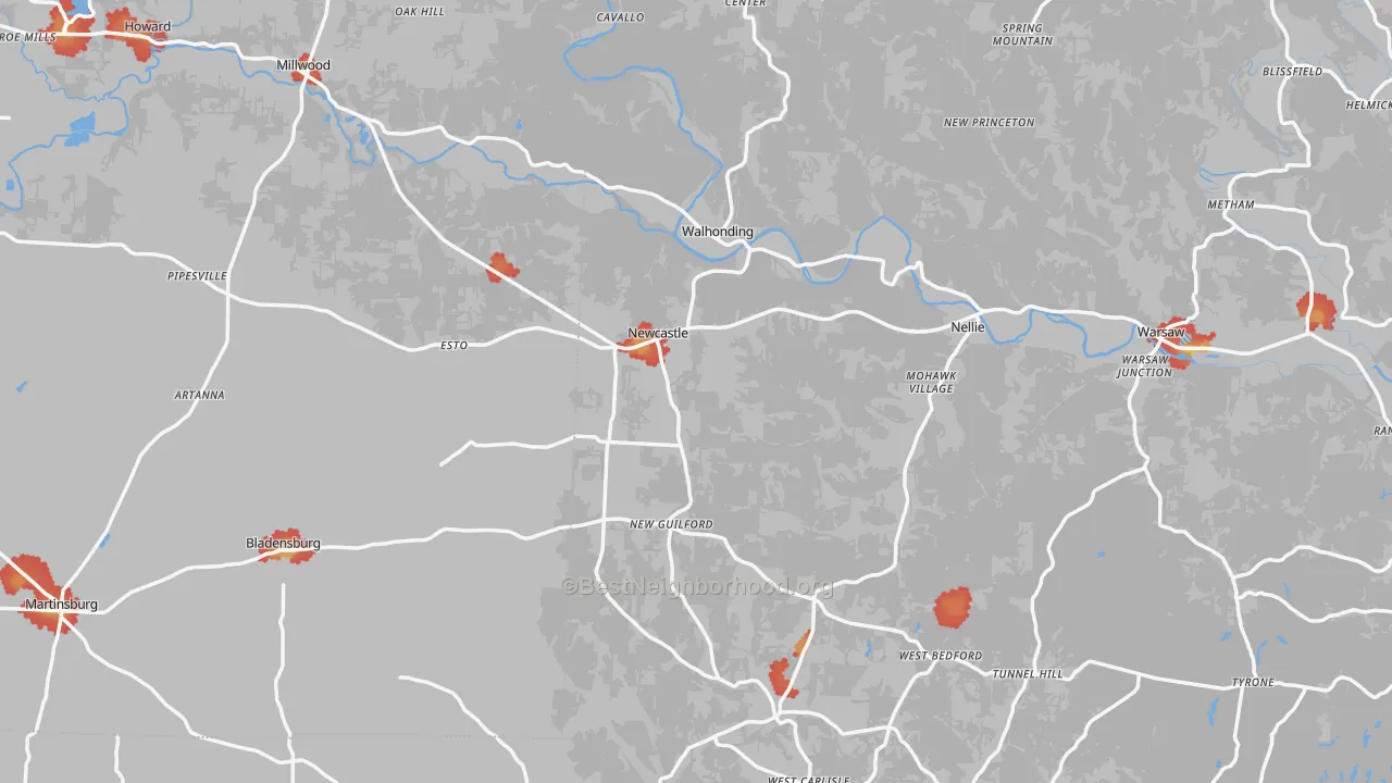 Walk Grade map of Walhonding, OH, walkable areas in green and car-dependent areas in red