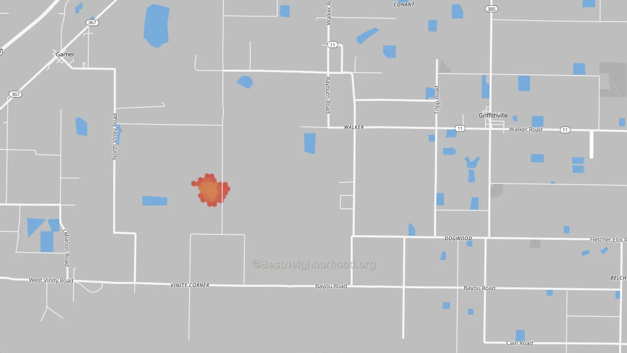 Walk Grade map of Walker, AR, walkable areas in green and car-dependent areas in red