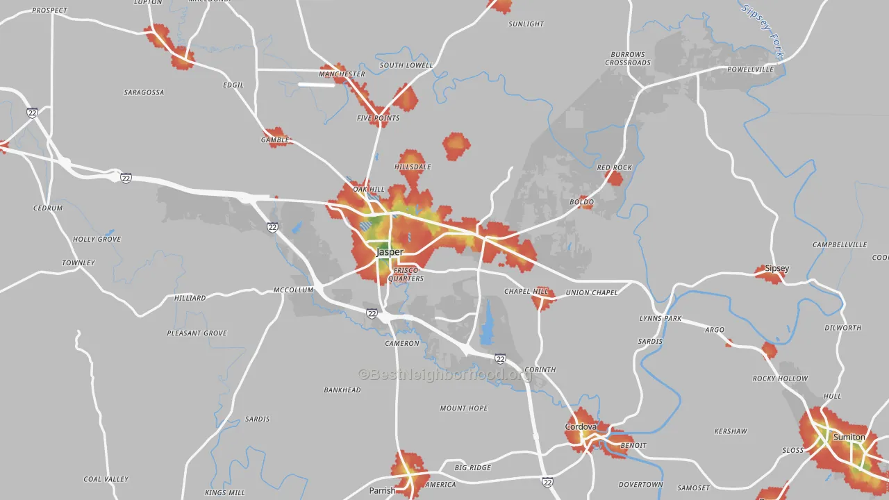 Walk Grade map of Walker County, AL, walkable areas in green and car-dependent areas in red