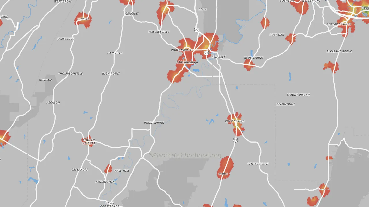 Walk Grade map of Walker County, GA, walkable areas in green and car-dependent areas in red