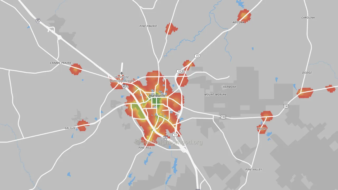 Walk Grade map of Walker County, TX, walkable areas in green and car-dependent areas in red