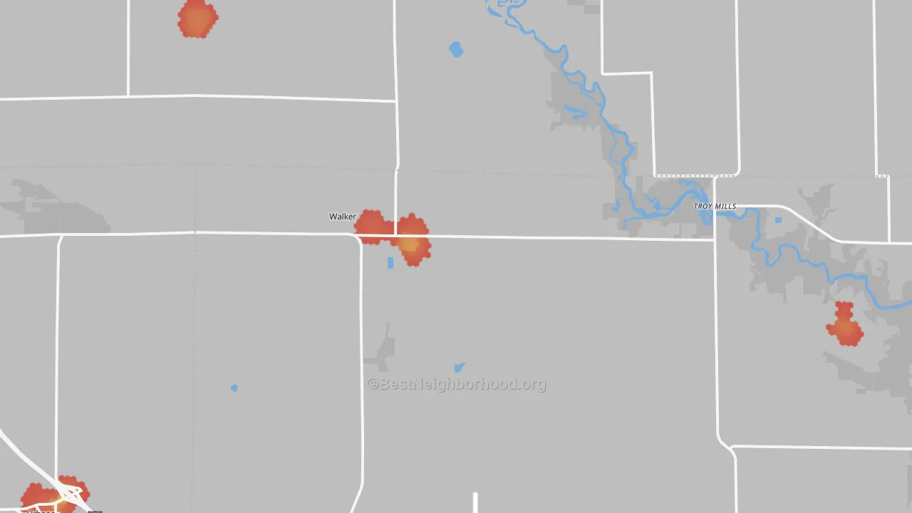 Walk Grade map of Walker, IA, walkable areas in green and car-dependent areas in red