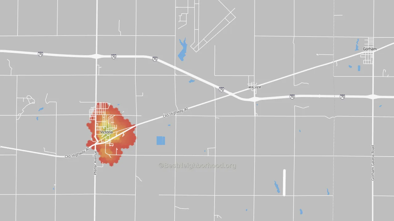 Walk Grade map of Walker, KS, walkable areas in green and car-dependent areas in red