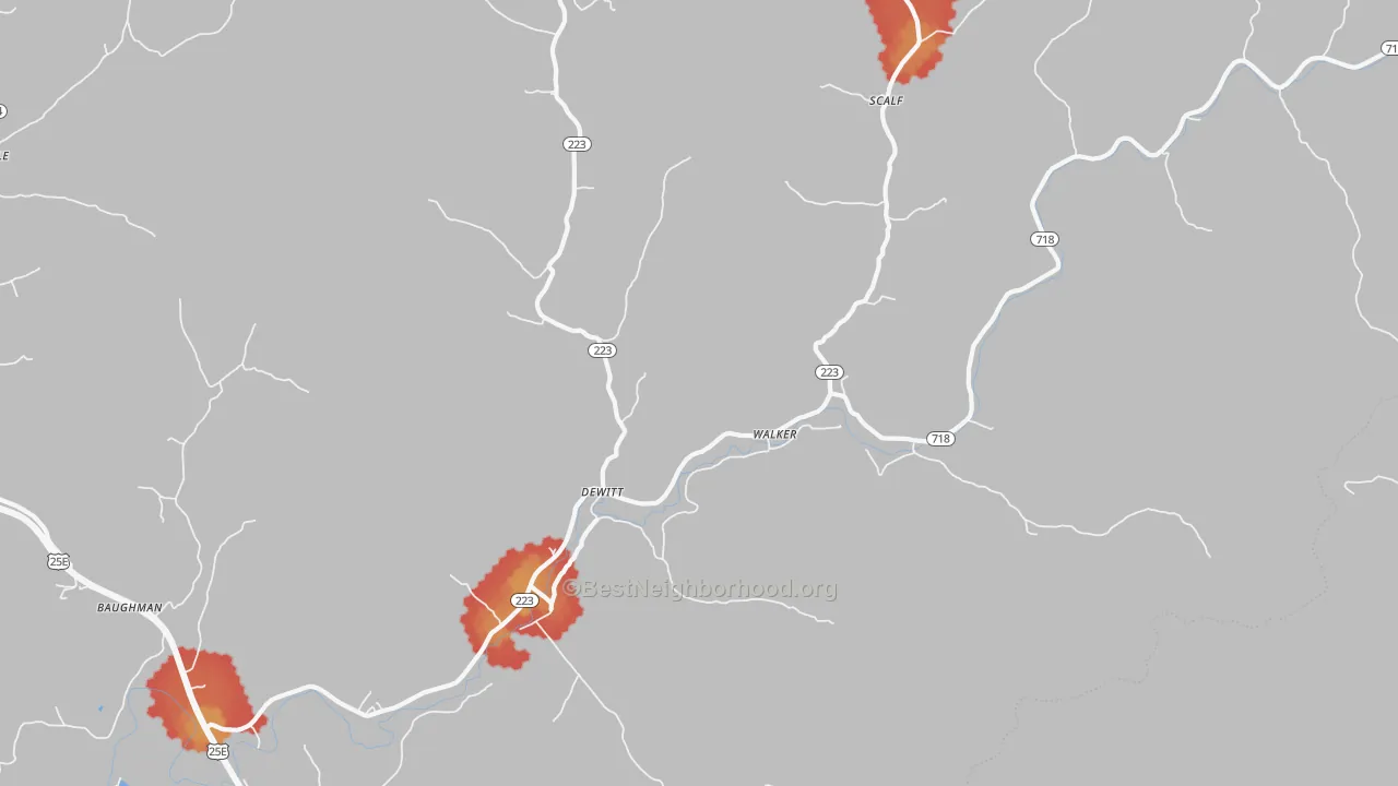 Walk Grade map of Walker, KY, walkable areas in green and car-dependent areas in red
