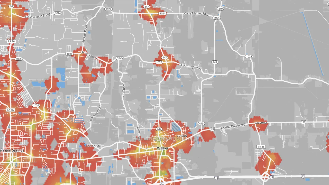 Walk Grade map of Walker, LA, walkable areas in green and car-dependent areas in red