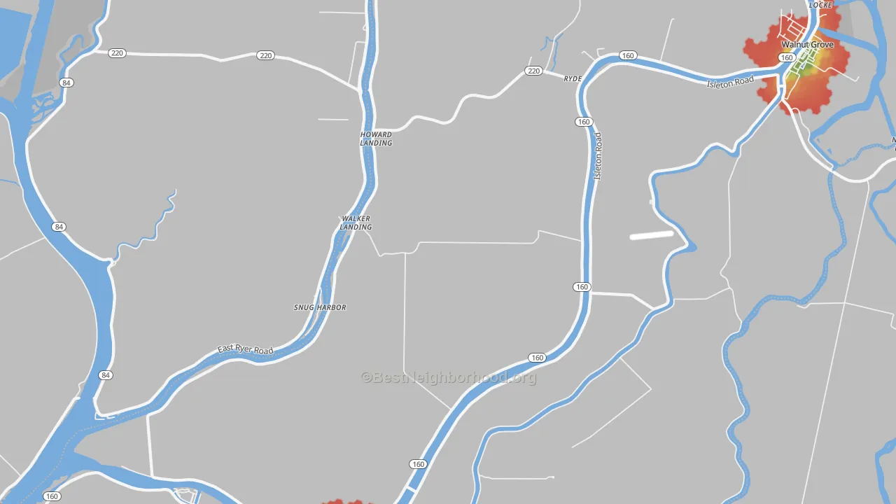 Walk Grade map of Walker Landing, CA, walkable areas in green and car-dependent areas in red