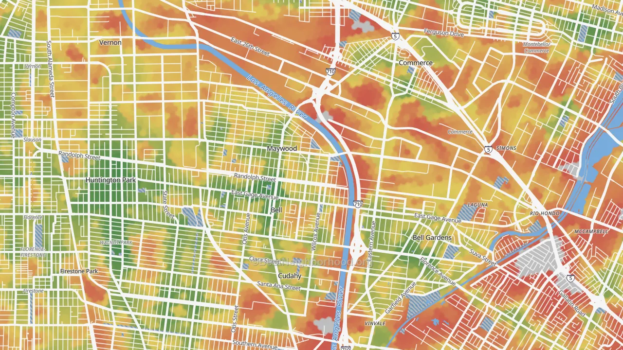 Walk Grade map of Walker, Maywood, CA, walkable areas in green and car-dependent areas in red