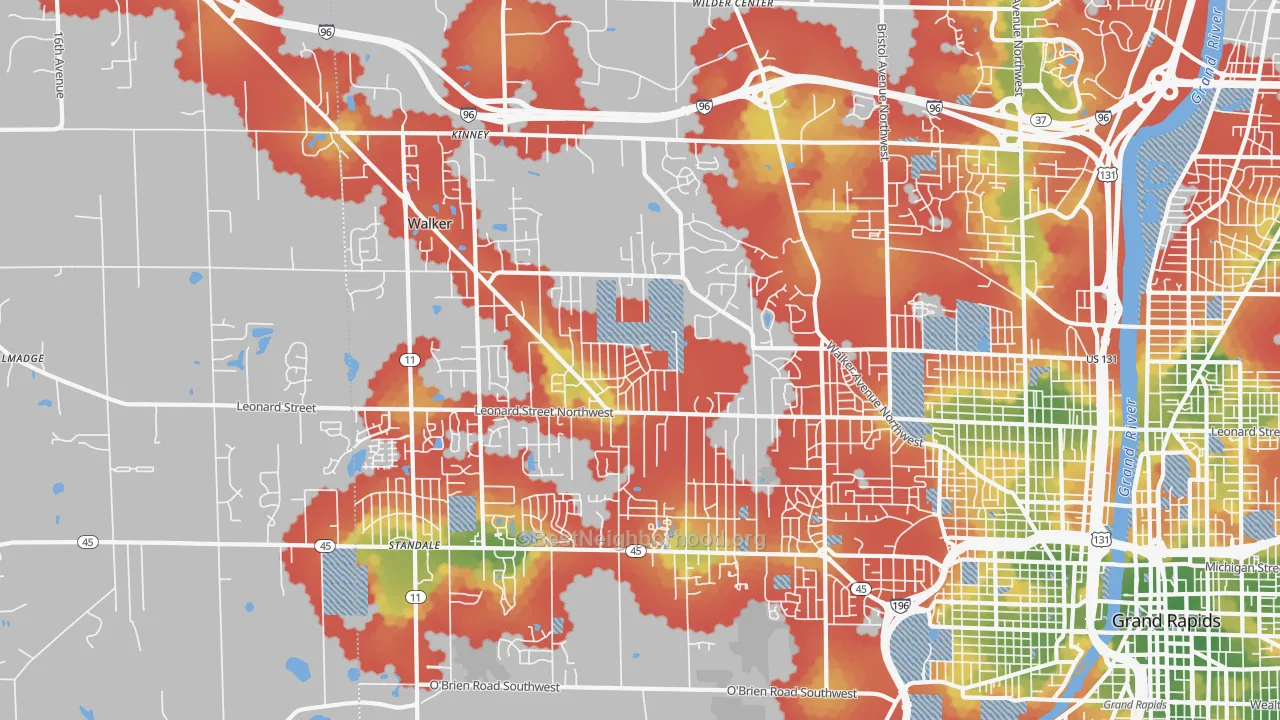 Walk Grade map of Walker, MI, walkable areas in green and car-dependent areas in red