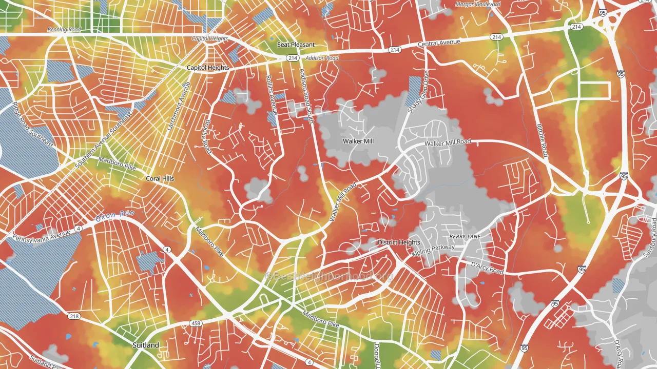 Walk Grade map of Walker Mill, District Heights, MD, walkable areas in green and car-dependent areas in red
