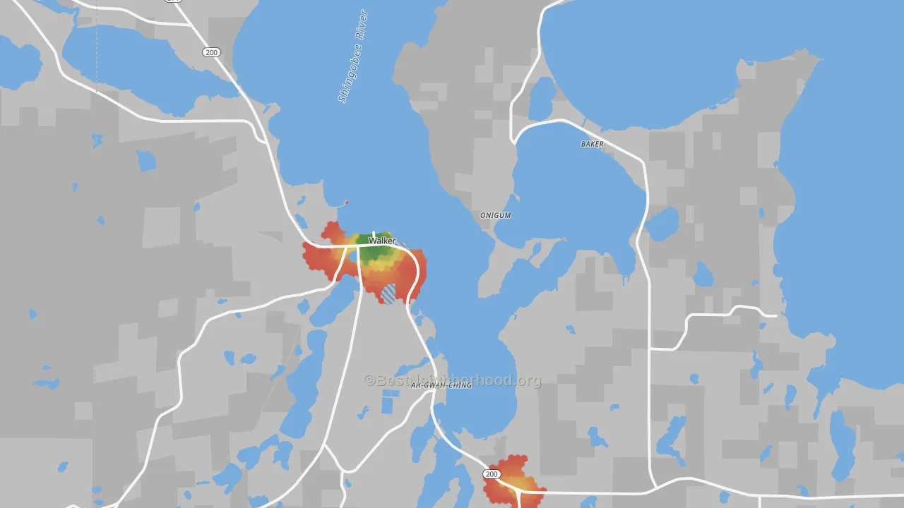 Walk Grade map of Walker, MN, walkable areas in green and car-dependent areas in red