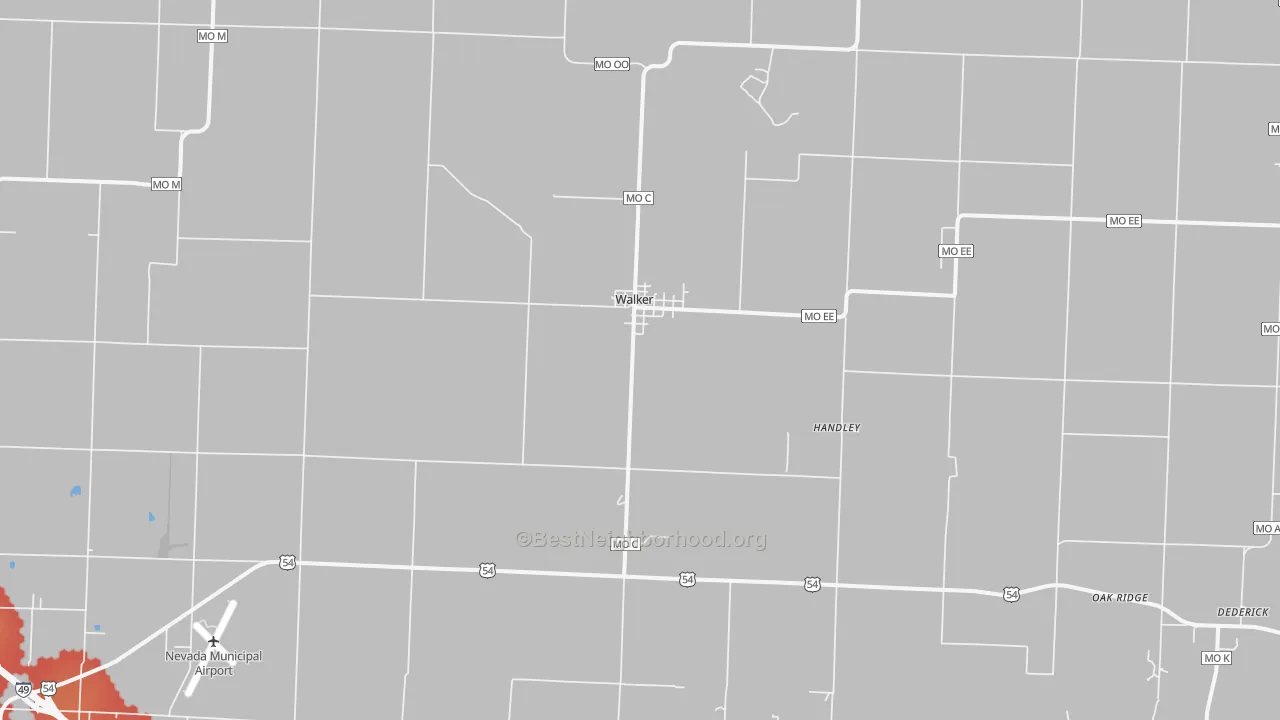 Walk Grade map of Walker, MO, walkable areas in green and car-dependent areas in red