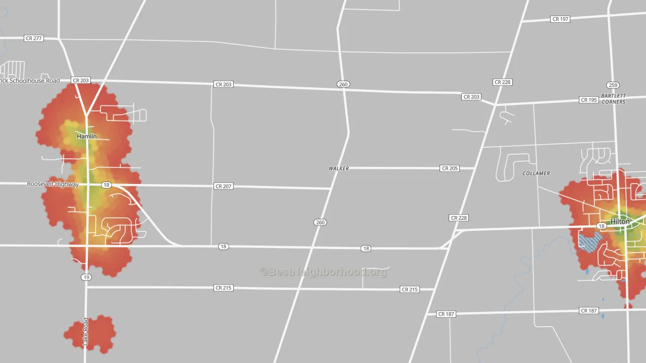 Walk Grade map of Walker, NY, walkable areas in green and car-dependent areas in red