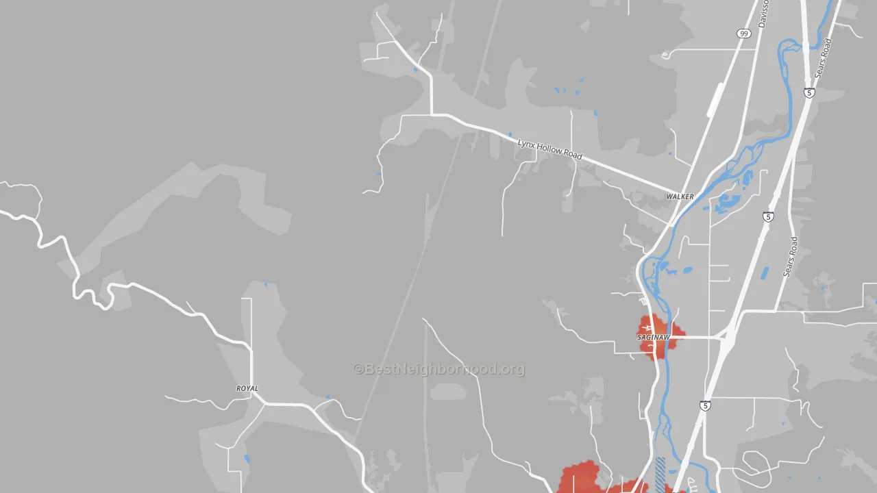 Walk Grade map of Walker, OR, walkable areas in green and car-dependent areas in red