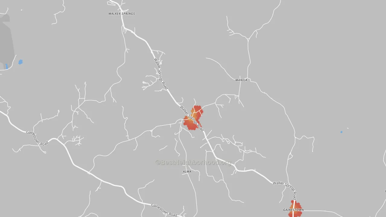 Walk Grade map of Walker Springs, AL, walkable areas in green and car-dependent areas in red