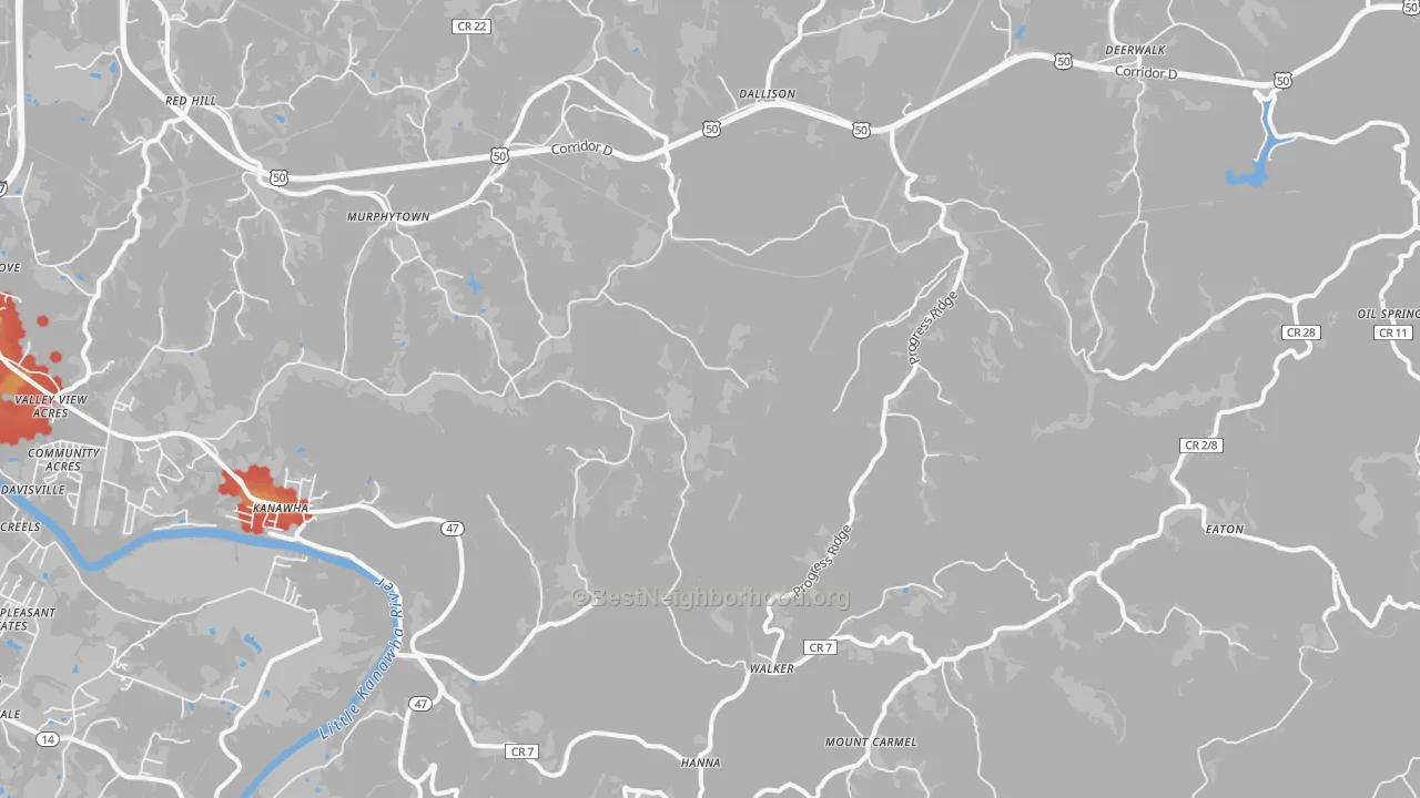 Walk Grade map of Walker, WV, walkable areas in green and car-dependent areas in red