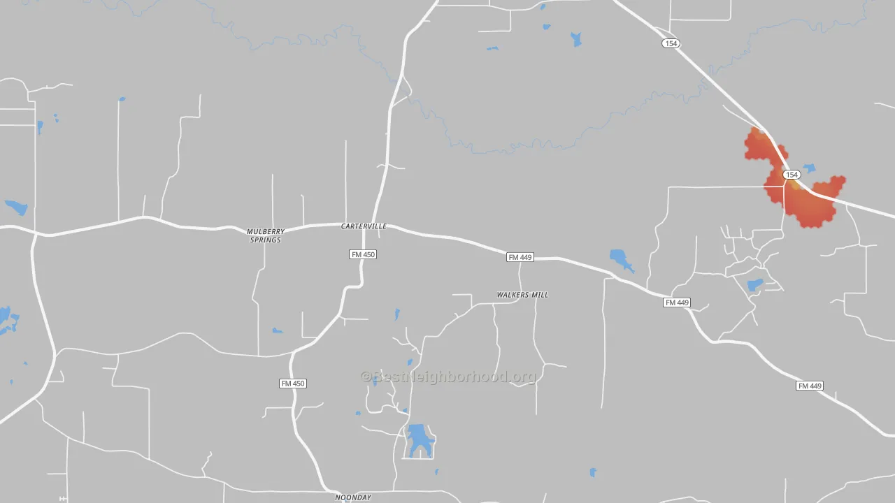 Walk Grade map of Walkers Mill, TX, walkable areas in green and car-dependent areas in red