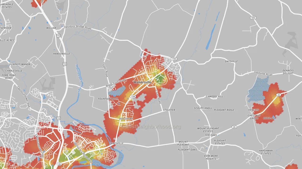 Walk Grade map of Walkersville, MD, walkable areas in green and car-dependent areas in red