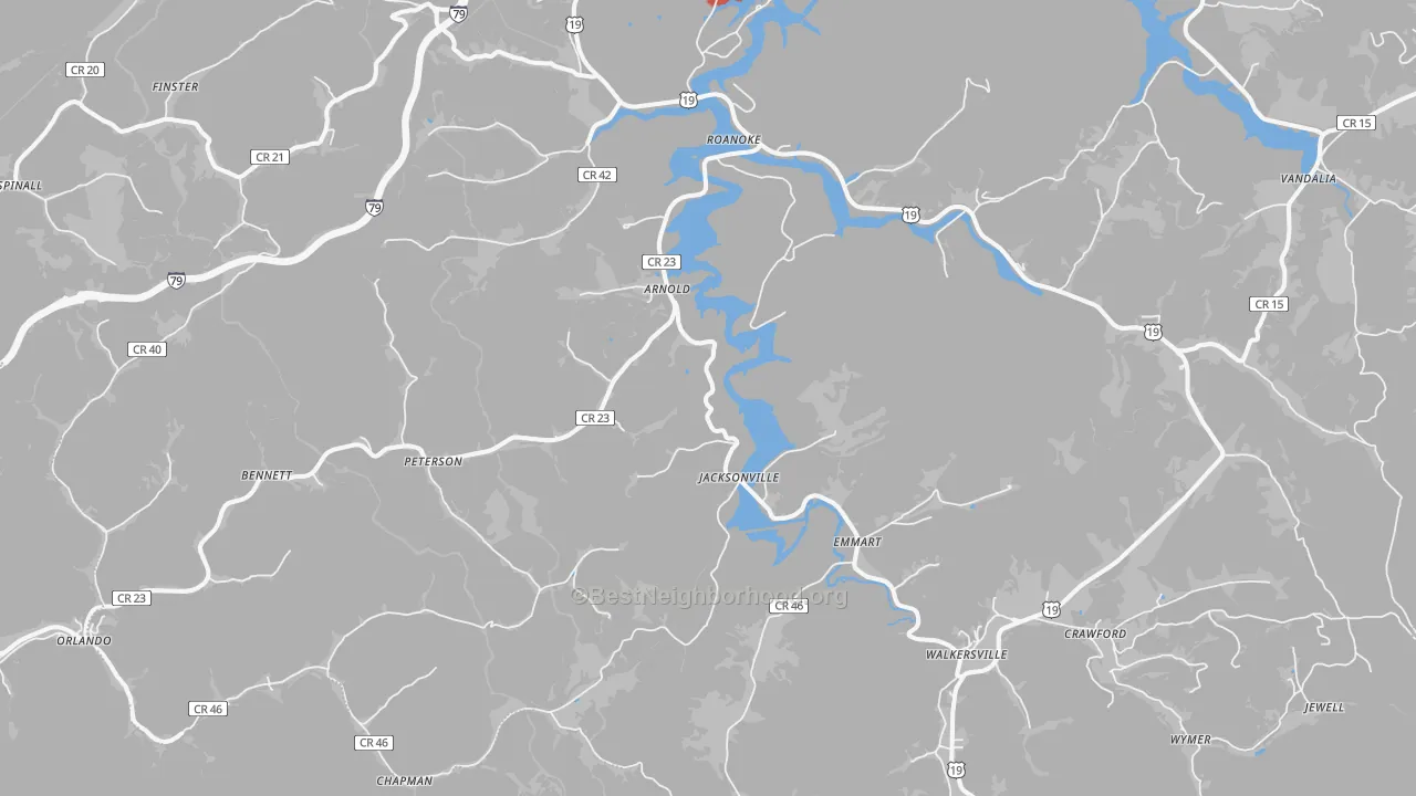 Walk Grade map of Walkersville, WV, walkable areas in green and car-dependent areas in red