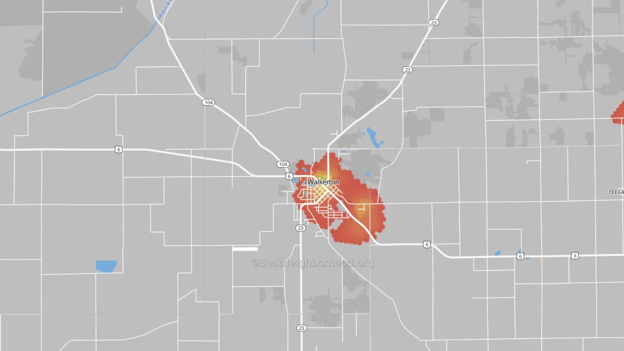 Walk Grade map of Walkerton, IN, walkable areas in green and car-dependent areas in red