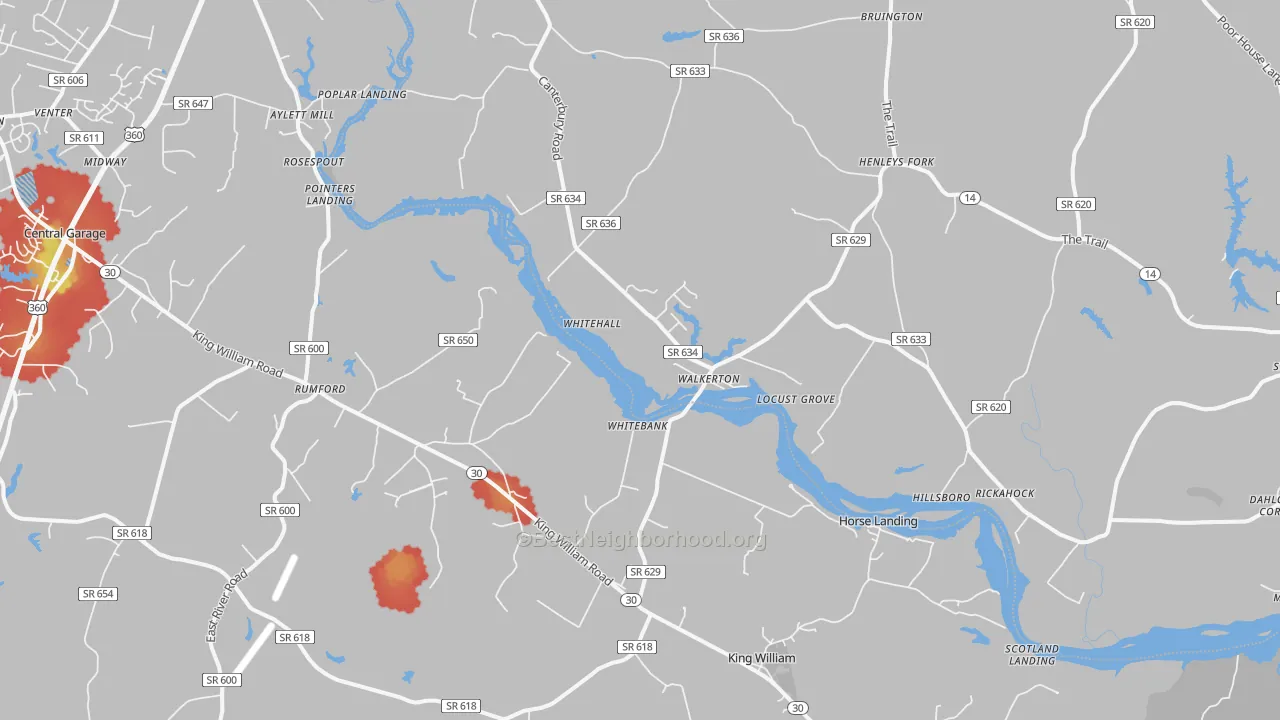 Walk Grade map of Walkerton, VA, walkable areas in green and car-dependent areas in red