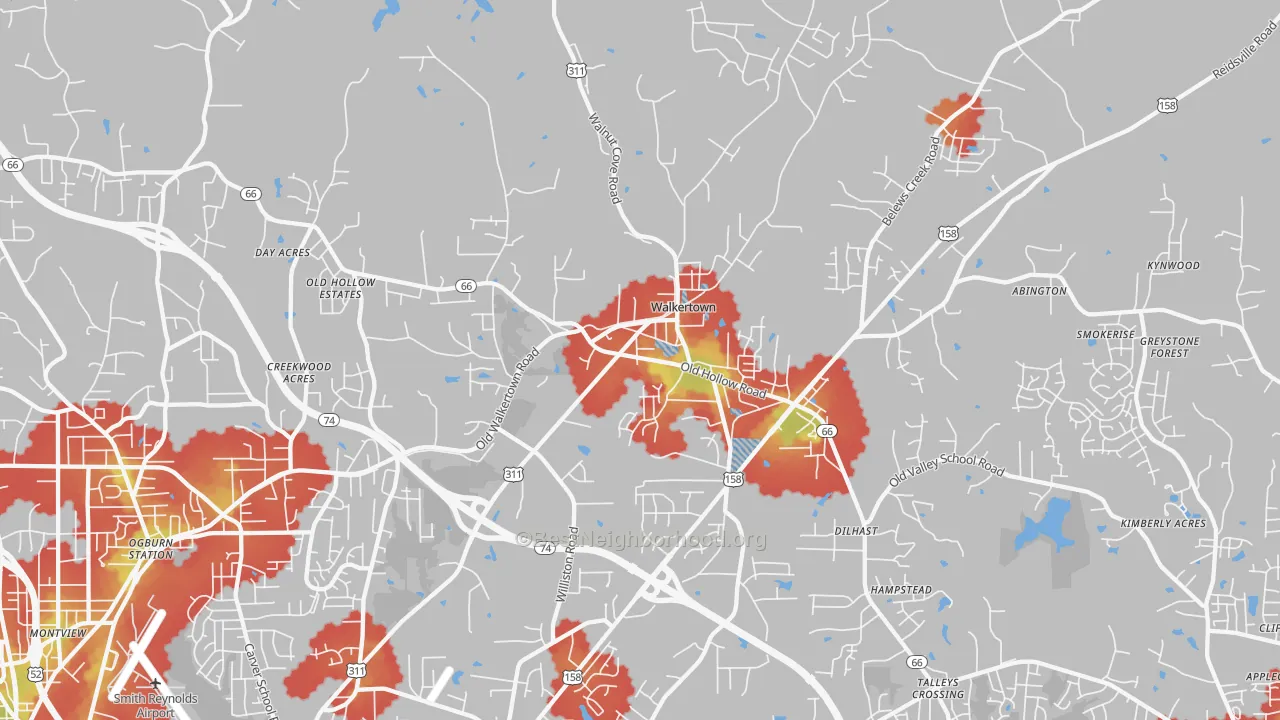 Walk Grade map of Walkertown, NC, walkable areas in green and car-dependent areas in red