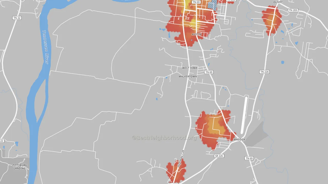 Walk Grade map of Walkertown, TN, walkable areas in green and car-dependent areas in red