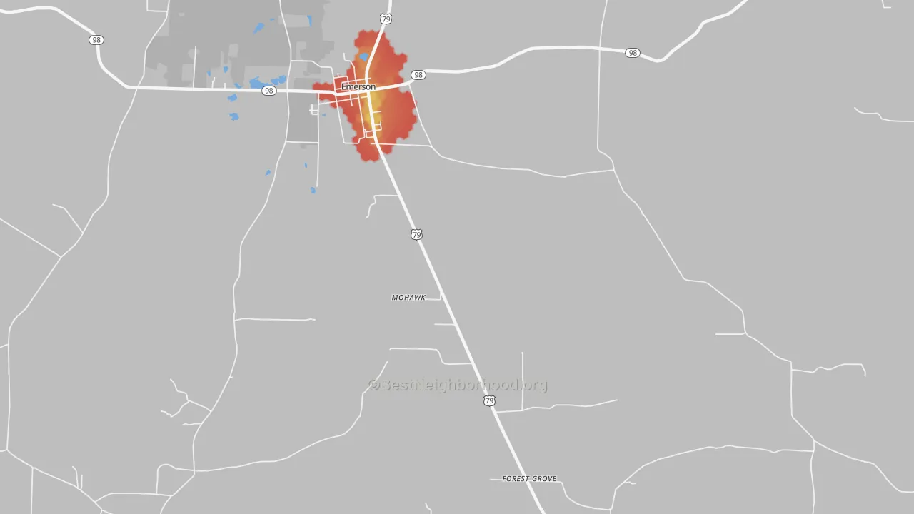 Walk Grade map of Walkerville, AR, walkable areas in green and car-dependent areas in red
