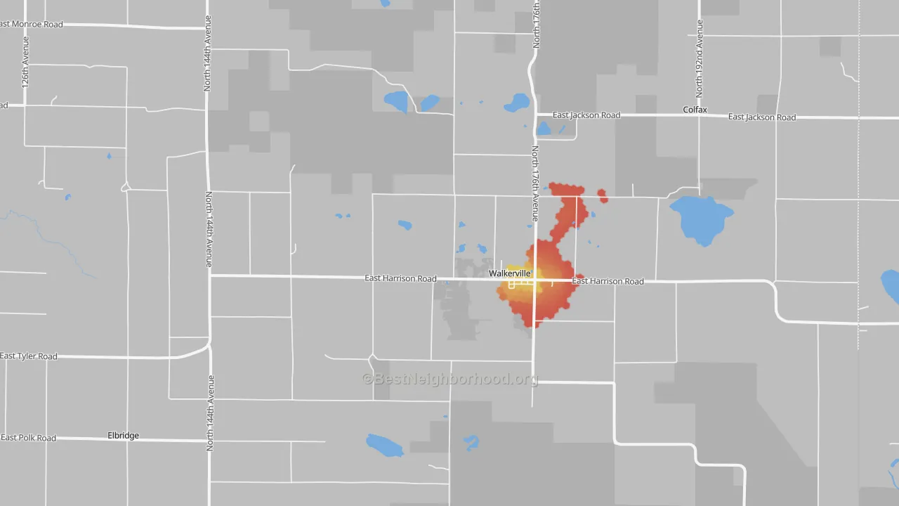 Walk Grade map of Walkerville, MI, walkable areas in green and car-dependent areas in red