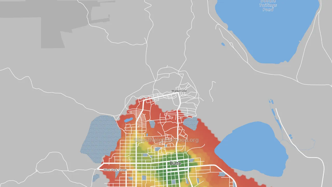 Walk Grade map of Walkerville, MT, walkable areas in green and car-dependent areas in red