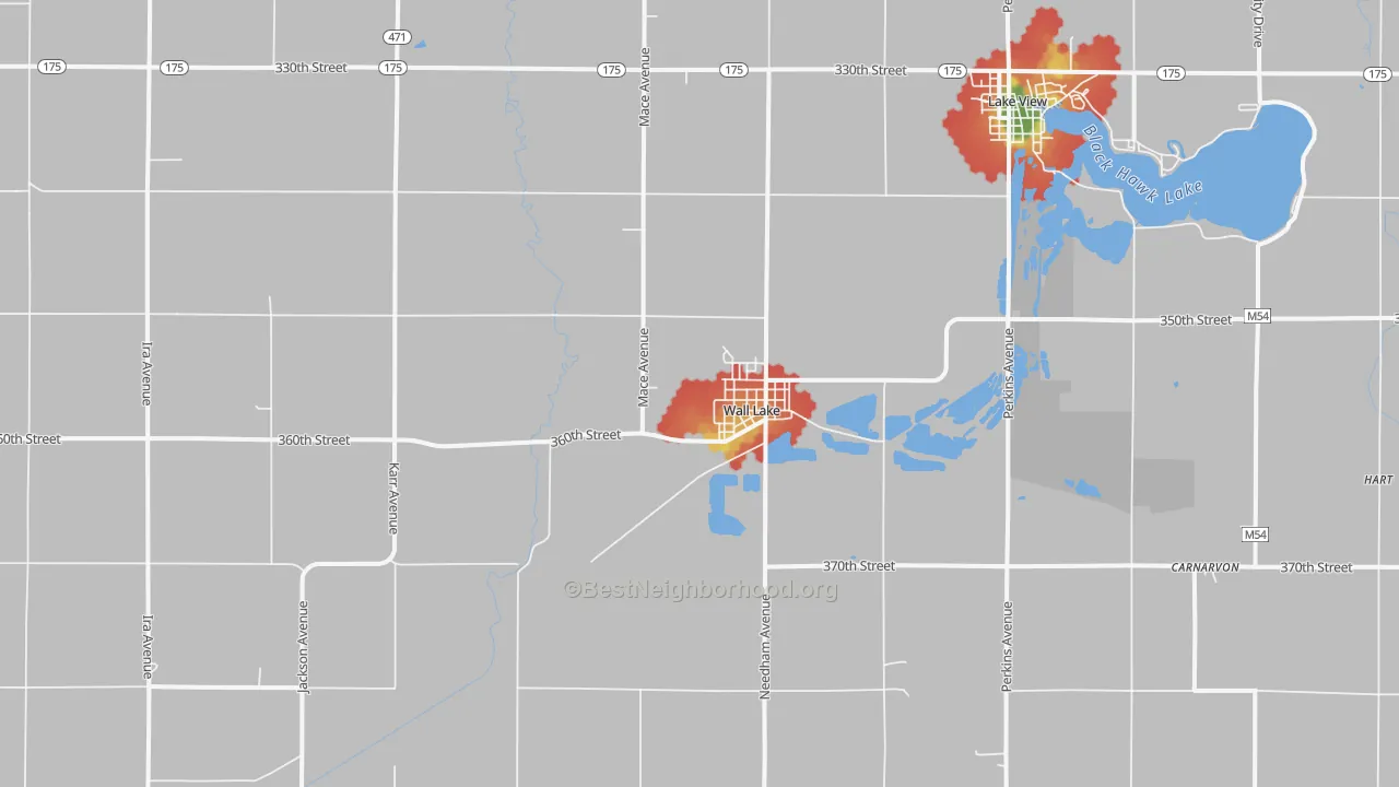 Walk Grade map of Wall Lake, IA, walkable areas in green and car-dependent areas in red
