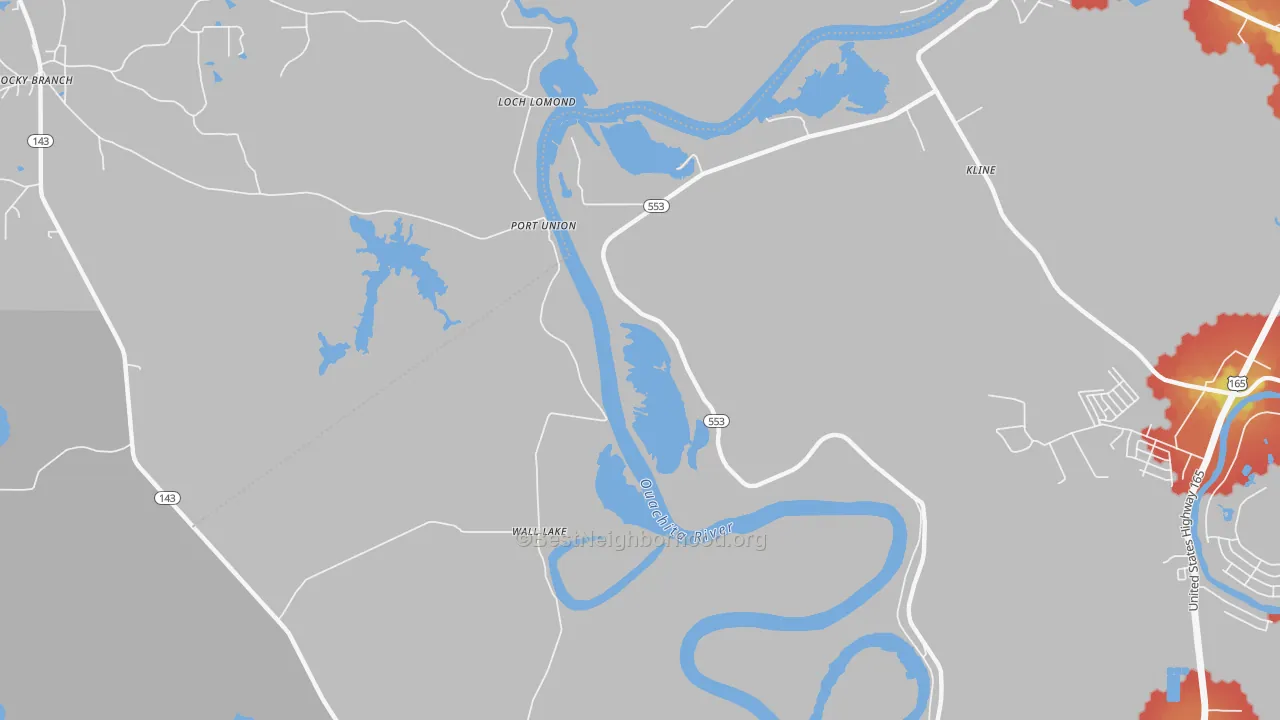 Walk Grade map of Wall Lake, LA, walkable areas in green and car-dependent areas in red